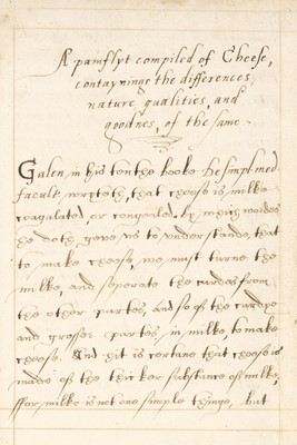 Lot 165 - Cheese Manuscript. A pamflyt compiled of Cheese, [?Warwickshire, England], c. 1580