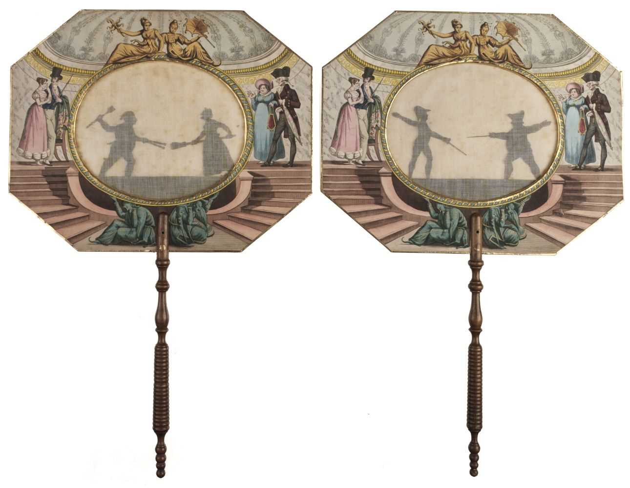 795 - Movable Silhouette Fans. Pair of etched movable fans, Paris: Alphonse Giroux, circa 1820s