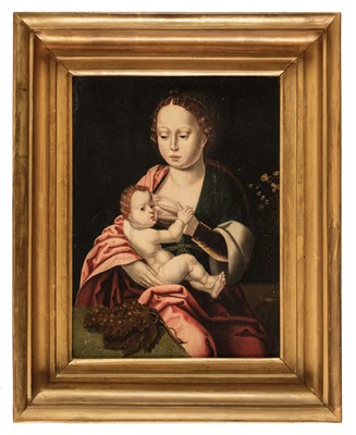 Lot 5 - Master of the Parrot (16th century). Virgin and Child with bunch of grapes, oil
