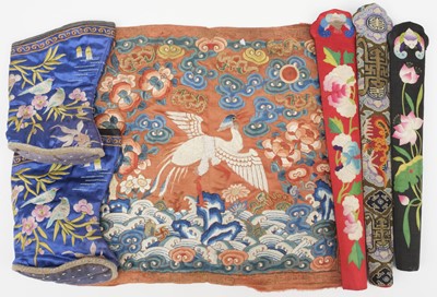 Lot 522 - Chinese. An embroidered rank badge, late Qing Dynasty, & children's shoes, & 3 fan cases