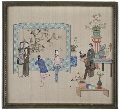 Lot 521 - Chinese. A painting on silk depicting ladies in an interior, early 20th century