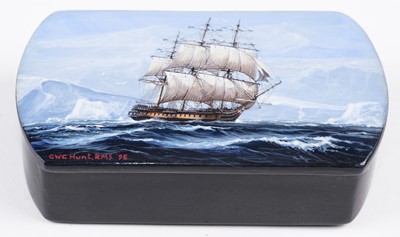 Lot 11 - Hunt (Geoff, died 2008). H.M.S. Trincomalee rounding the Cape Horn, oil on papier mache snuff box