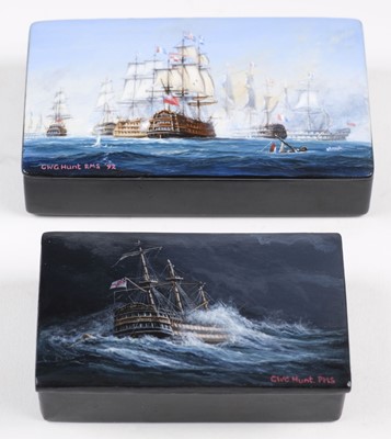 Lot 9 - Hunt (Geoff, died 2008). "The Battle of the Glorious First of June", oil on papier mache snuff box