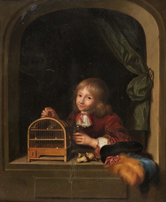 Lot 44 - After Caspar Netscher (1639 -1684). Boy leaning on a Windowsill, oil on panel