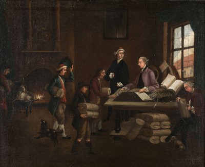 Lot 46 - Flemish School. Linen Merchant and Home Workers, early 18th century