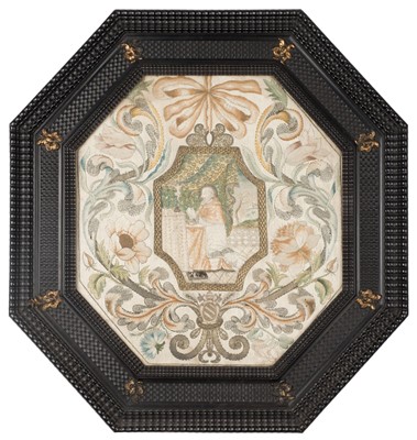 Lot 438 - Embroidered Picture. A 17th century octagonal trompe-l'œil needlework