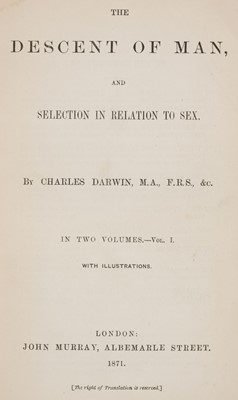 Lot 47 - Darwin (Charles). The Descent of Man, 2 volumes, 1st edition, 1st issue, London: John Murray, 1871