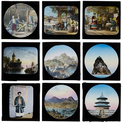 Lot 33 - China. A group of 9 hand-coloured lithographic lantern slides, c. 1870s