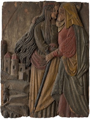Lot 1 - Continental School. Carved wood panel of the Visitation of Virgin Mary to Elizabeth, 16th-c.(?)