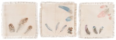 Lot 355 - Doilies. A set of 12 hand-painted silk placemats depicting feathers, late 19th/early 20th century